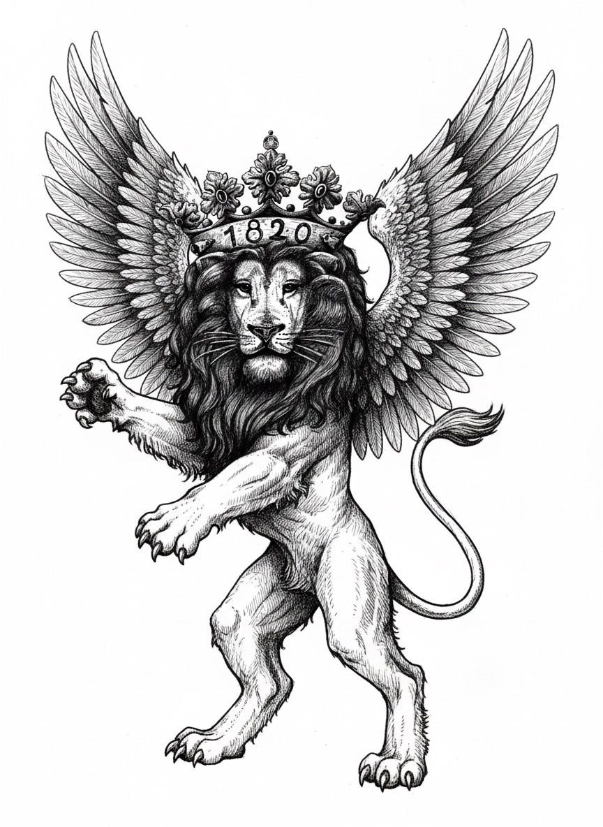 A detailed black and white illustration of a lion with a humanized face, standing on its hind legs. The lion has large, spread wings with intricate feather details, and wears a crown with the year '1820' inscribed on it.