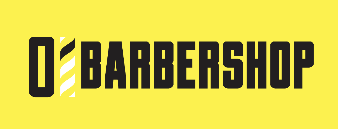 Text reading 'Barbershop' with barber pole graphic on the left side, yellow background.