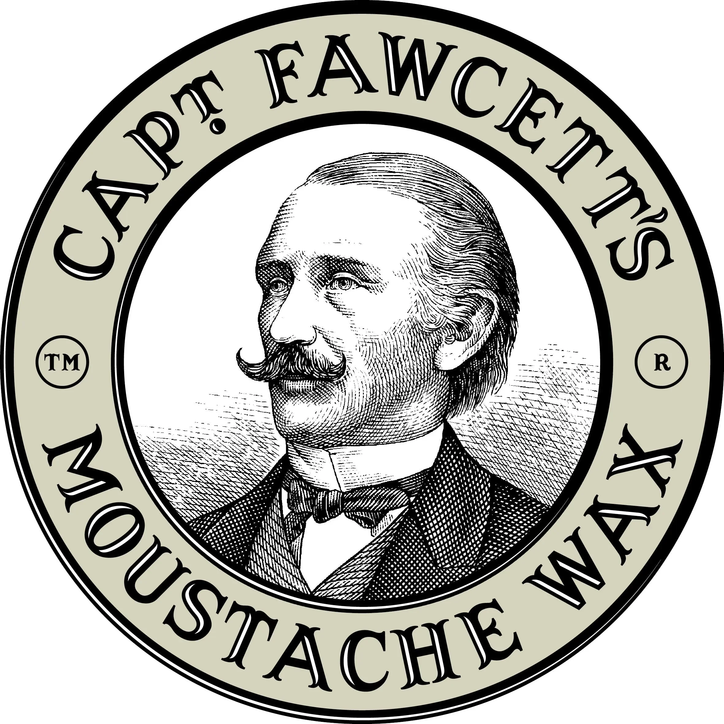 Black and white sketch of a man with a mustache, wearing a suit and bow tie, with a circular label around him reading "Café Fawcett's Moustache Wax".