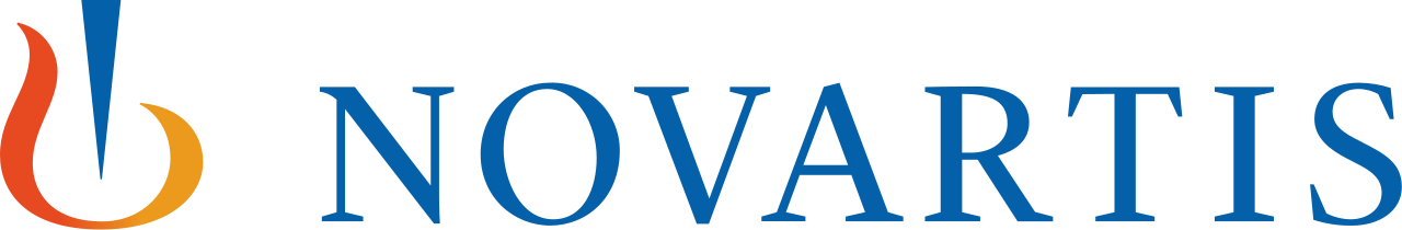 Novartis logo with a stylized flame icon in red and yellow, and the company name in blue text.
