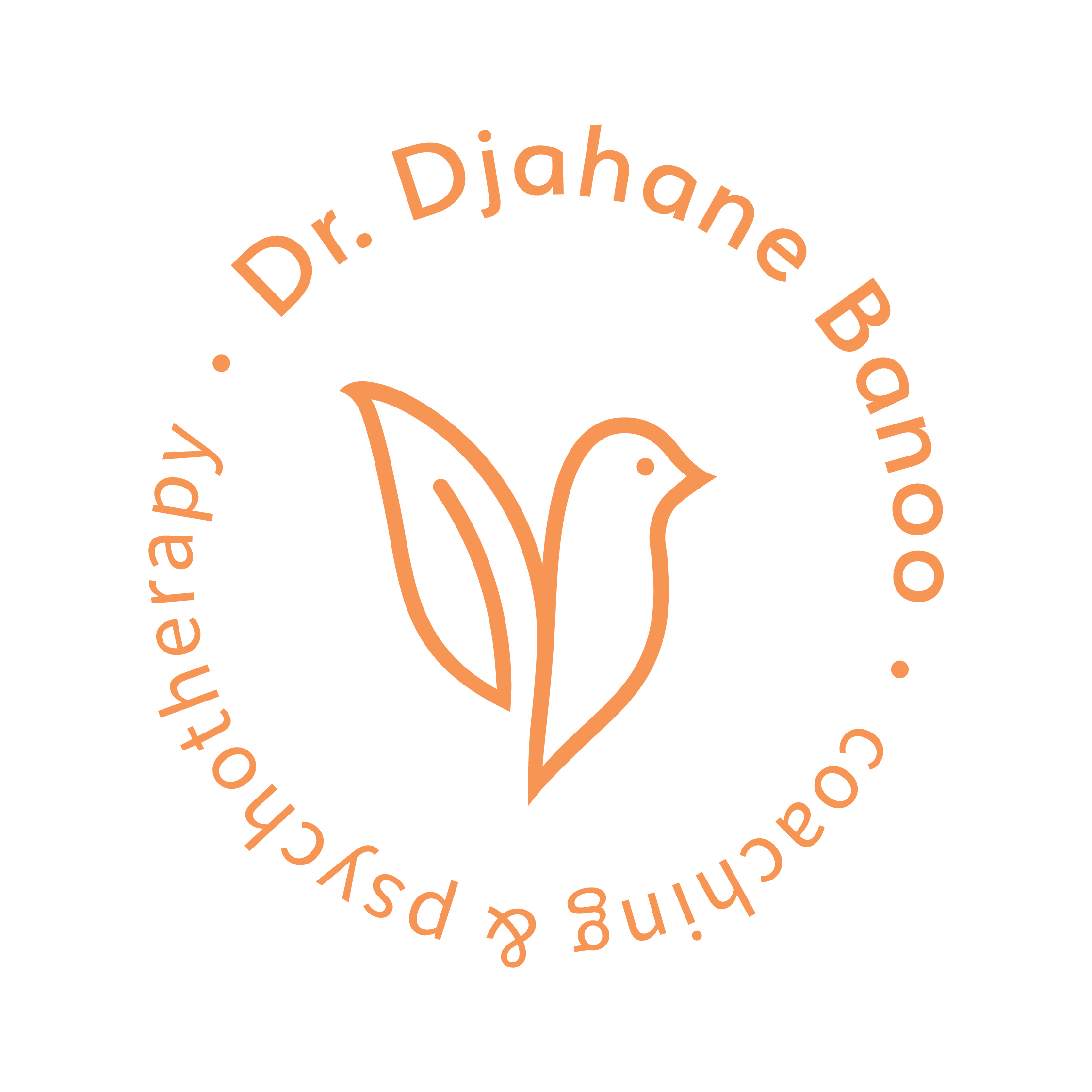 Logo featuring an outline of a bird with leaf wings, surrounded by circular text reading 'Dr. Djahane Banoo, pioneering & psychotherapy, celebrating a year of growth' in orange on a black background.