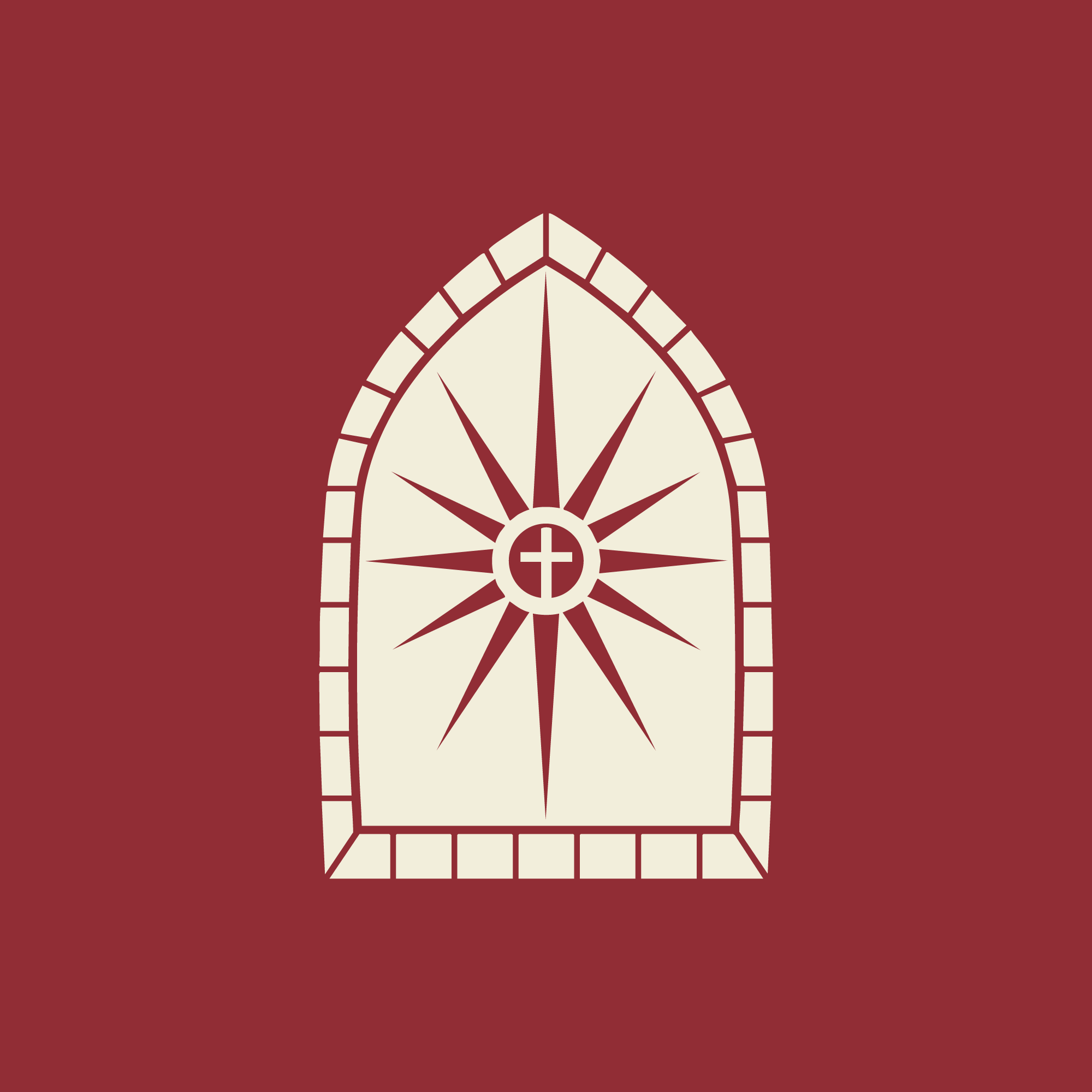 Illustration of a church window with a cross and a starburst pattern inside, on a red background.