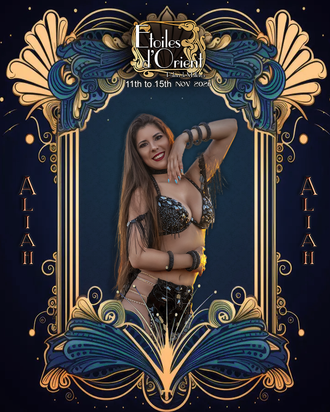 A promotional poster for a performance at Etoiles d'Orient in Palma de Mallorca from November 11 to 15, 2026, featuring a woman in a black, sequined costume with jewelry, smiling and posing with her hand on her face, surrounded by ornate, gold and blue decorative border designs.