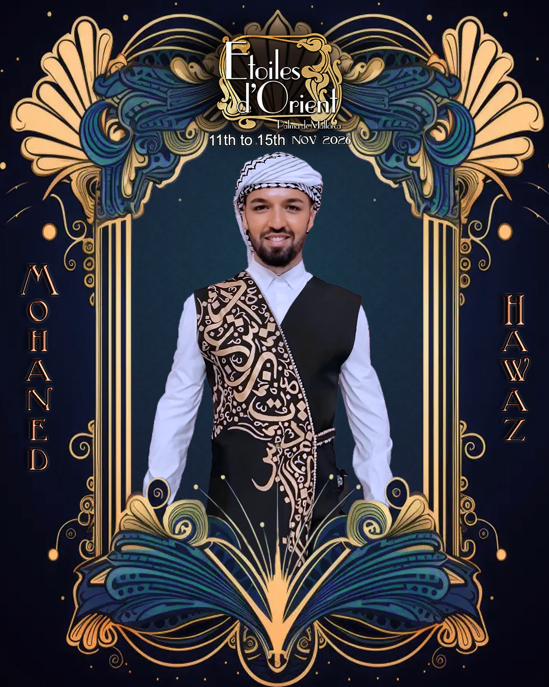 Poster for the event 'Etoiles d'Orient' featuring a man in traditional Middle Eastern or North African attire, with decorative gold and blue patterns, and the event dates, November 11 to 15, 2026.