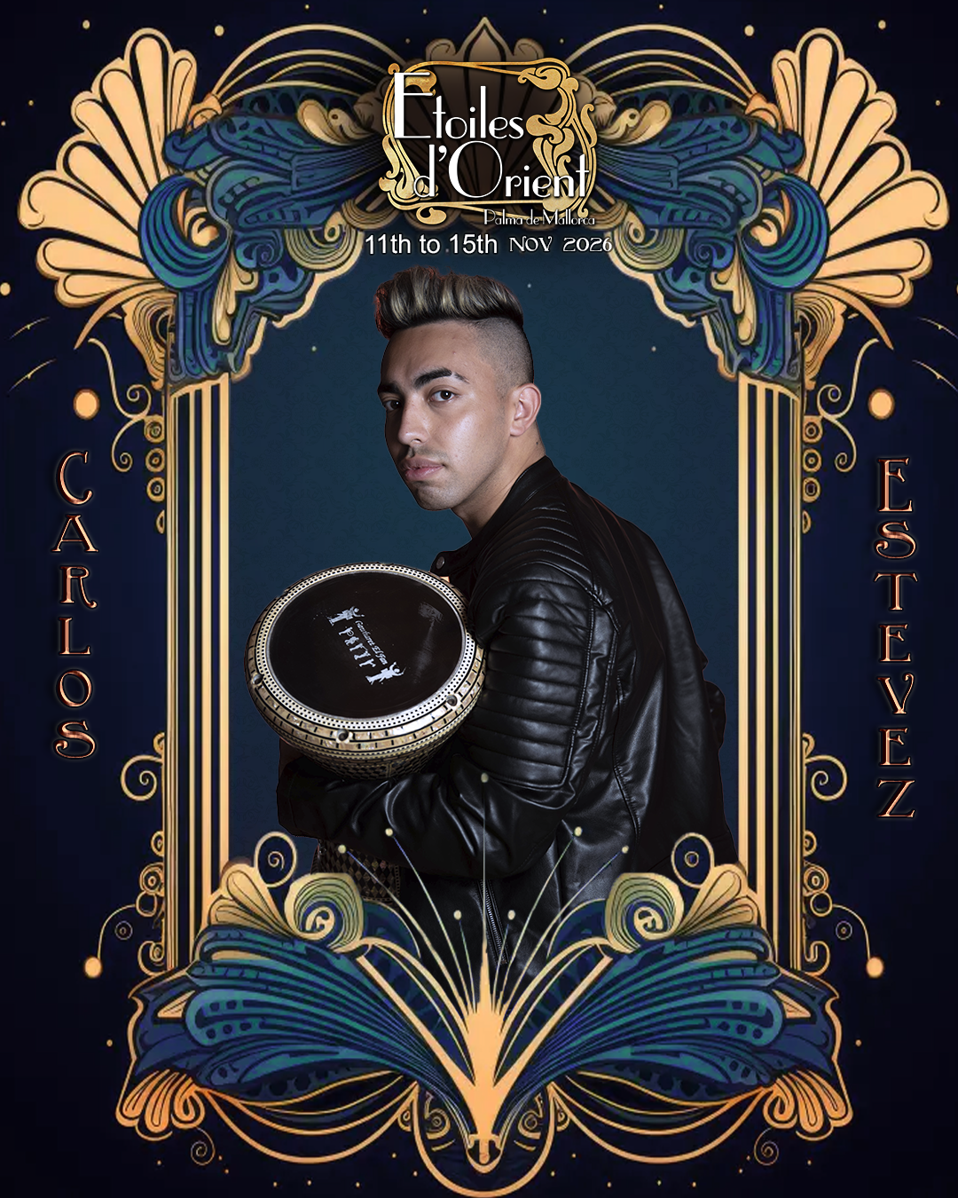 A promotional poster for Etoiles d'Orient event featuring a young man with styled hair in a black leather jacket holding a musical instrument, set against a decorative dark blue and gold ornate frame with event details at the top and the names Carlos Estevez on the sides.