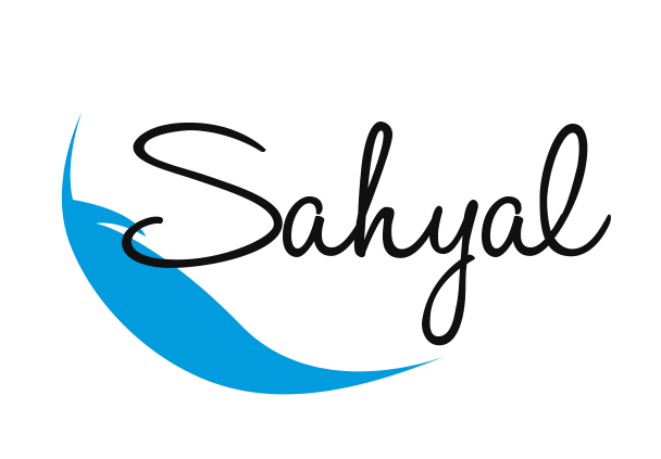 A logo with a black crescent moon and a blue curved shape, with the word 'Sahyal' written in black cursive text.