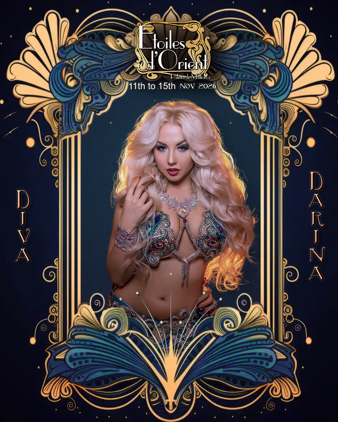 Poster for Etoiles d'Orient event in Palma de Mallorca, featuring a woman in elaborate jewelry and costume, surrounded by ornate, colorful Art Nouveau-style framing with text displaying event dates from November 11th to 15th, 2026.