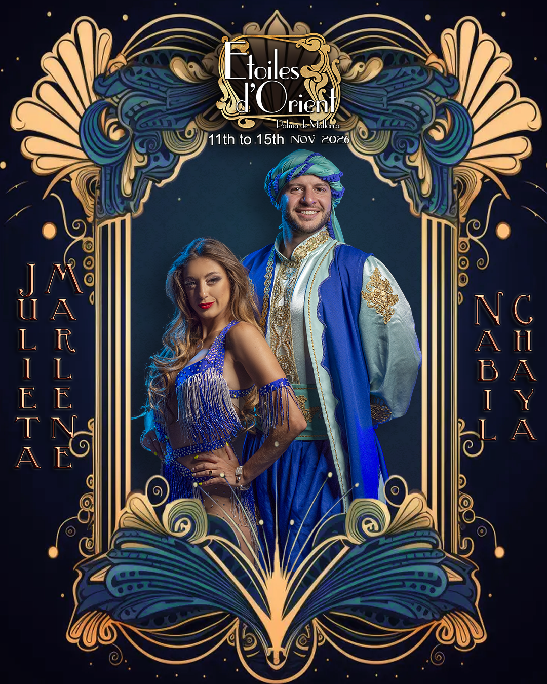 A promotional poster for an event called Étoiles d'Orient at Palma de Mallorca, running from November 11th to 15th, 2026. The poster features a man and a woman in colorful, traditional Middle Eastern or North African attire, surrounded by ornate, decorative gold and blue designs with stars in the background.