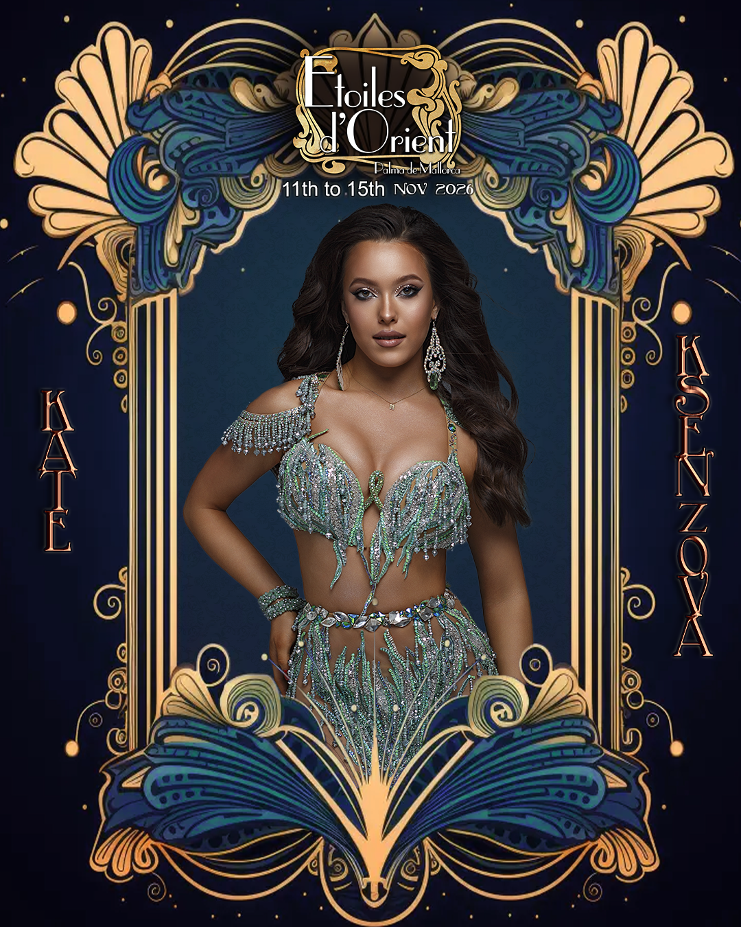 A woman in an ornate, silver and turquoise costume features on the cover of a poster for Etoiles d'Orient event from November 11th to 15th, 2026, in Palma de Mallorca, with decorative Art Nouveau style gold and blue framing and text in French and Spanish.