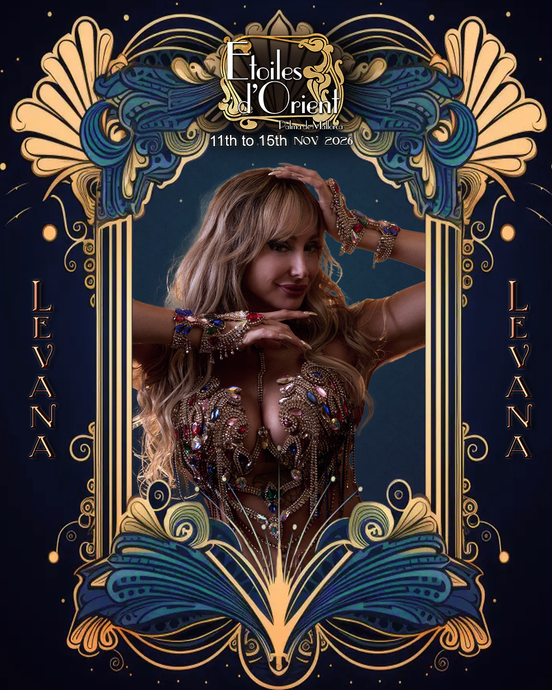 A promotional poster for the event 'Etoiles d'Orient' in Palma de Mallorca, featuring a woman in ornate bejeweled attire with a decorative border and text indicating the dates, November 11th to 15th, 2026.