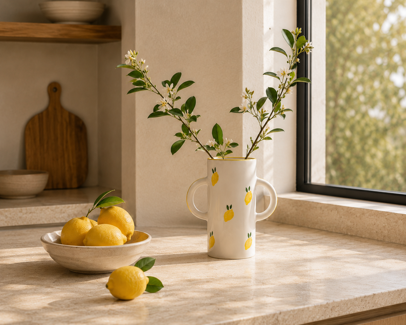 Un vase blanc décoré de citrons jaunes contenant des branches vertes avec des fleurs blanches, placé sur un comptoir de cuisine près d'une fenêtre. Sur le comptoir, il y a également une assiette avec des citrons jaunes et quelques citrons posés à côt