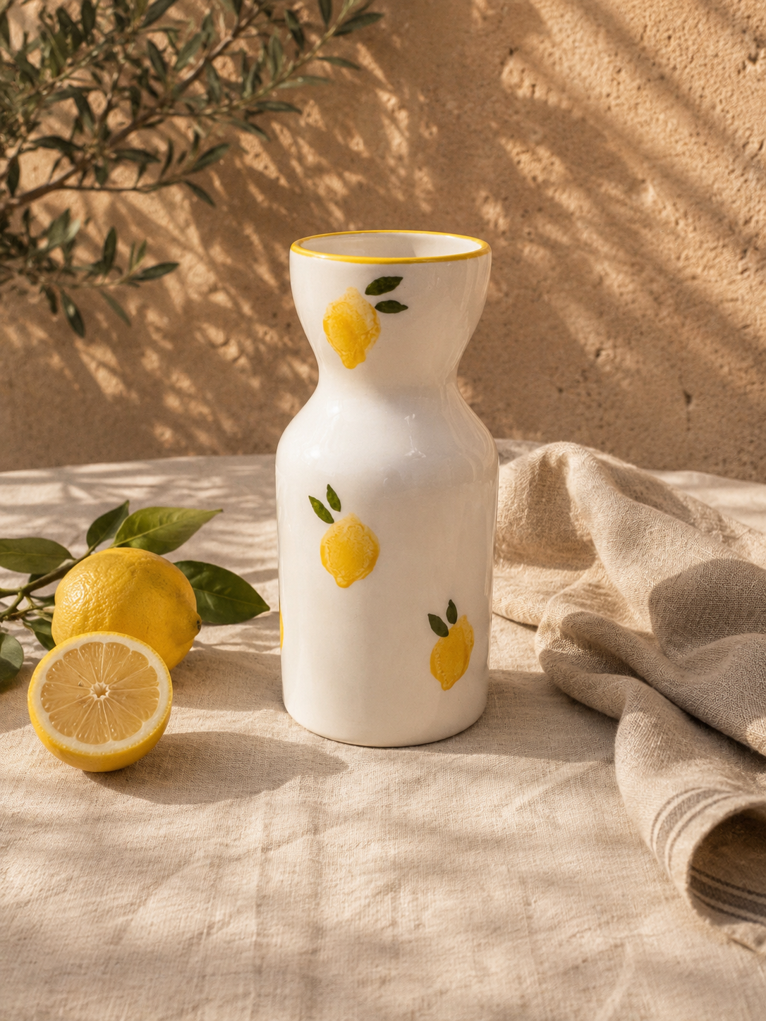 Une carafe blanche décorée de citrons jaunes, posée sur une nappe en tissu naturel, avec des citrons frais et des branches d'olivier à côté, en extérieur avec un mur en pierre en arrière-plan.