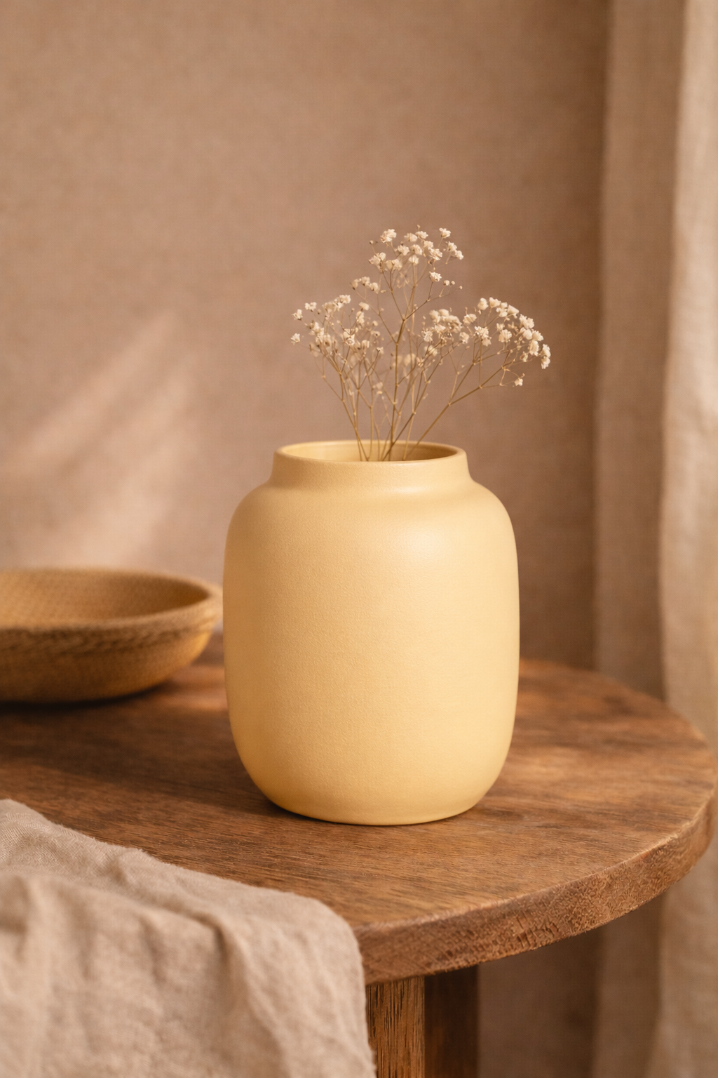 vase en céramique artisanale jaune avec fleurs séchées décoration minimaliste