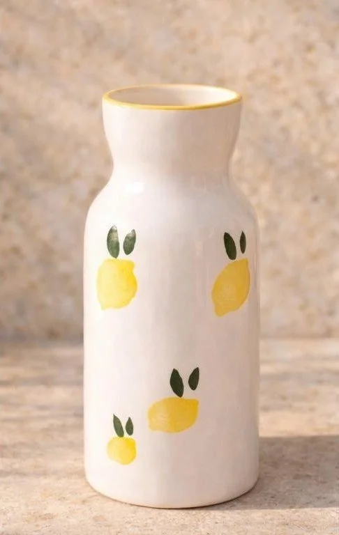 Vase artisanal portugais décor citron posé sur table en bois ambiance méditerranéenne chaleureuse