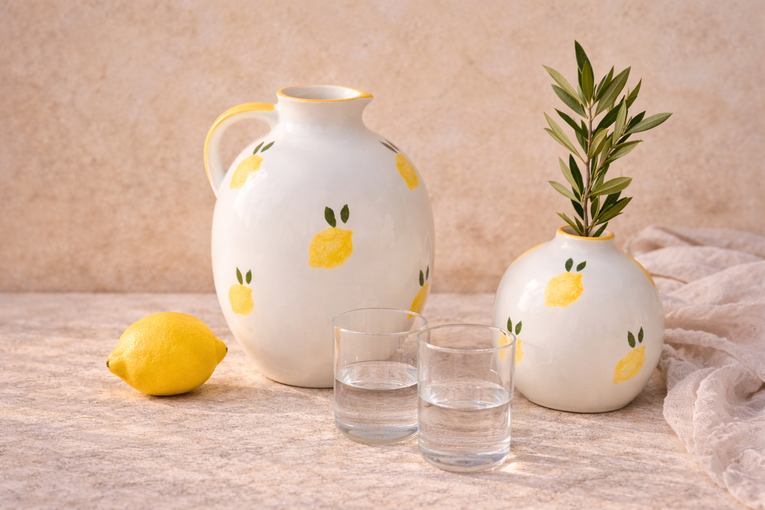 Deux vases en céramique blanc avec des motifs de citrons jaunes et feuilles vertes, un citron posé sur la table, deux verres d'eau et un brin d'olivier dans un vase plus petit, sur une surface en pierre avec un tissu en dentelle à droite.