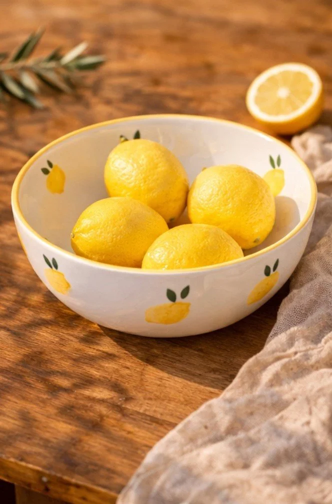 Saladier en céramique portugaise avec citrons sur table en bois ambiance méditerranéenne