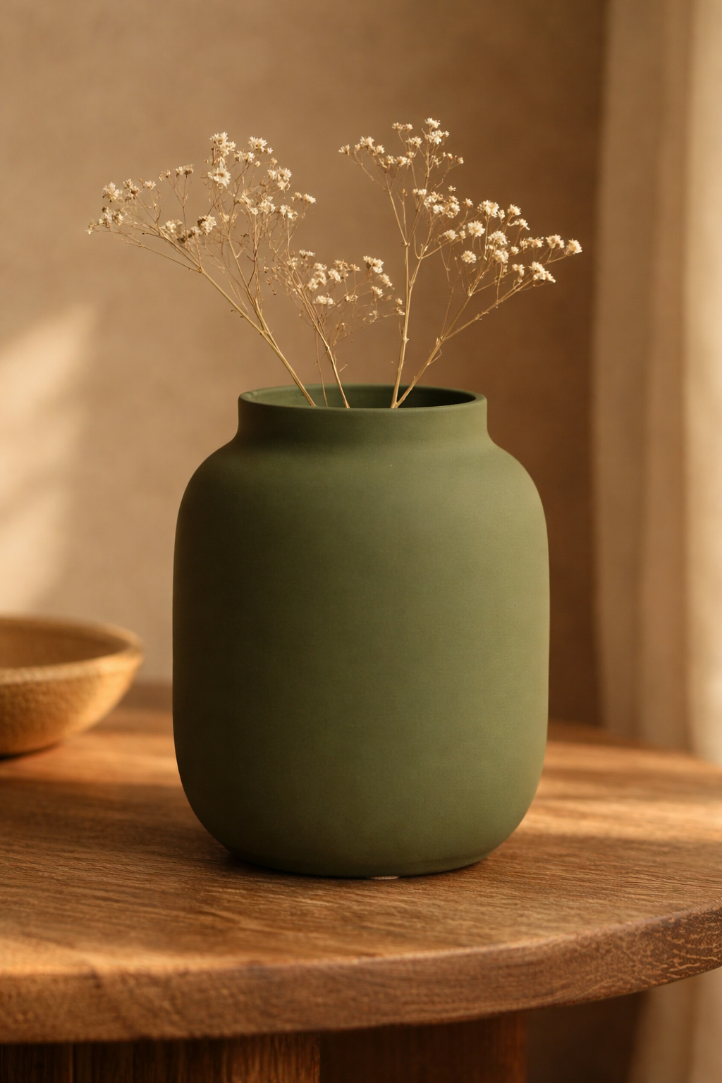 vase en céramique artisanale vert olive avec fleurs séchées style naturel