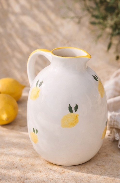 pichet céramique citron avec citrons et linge ambiance méditerranéenne