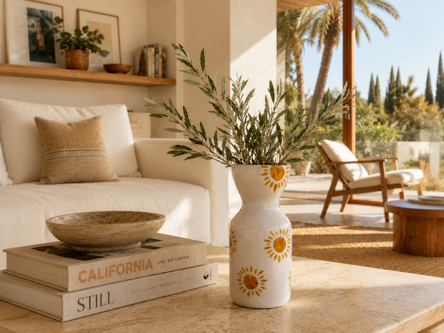 Une plante verte dans un vase blanc décoré de soleils jaunes en premier plan, avec un canapé beige et des livres à côté, dans un salon intérieur baigné de lumière naturelle, avec un coin extérieur avec des fauteuils en bois et un palmier visible par 