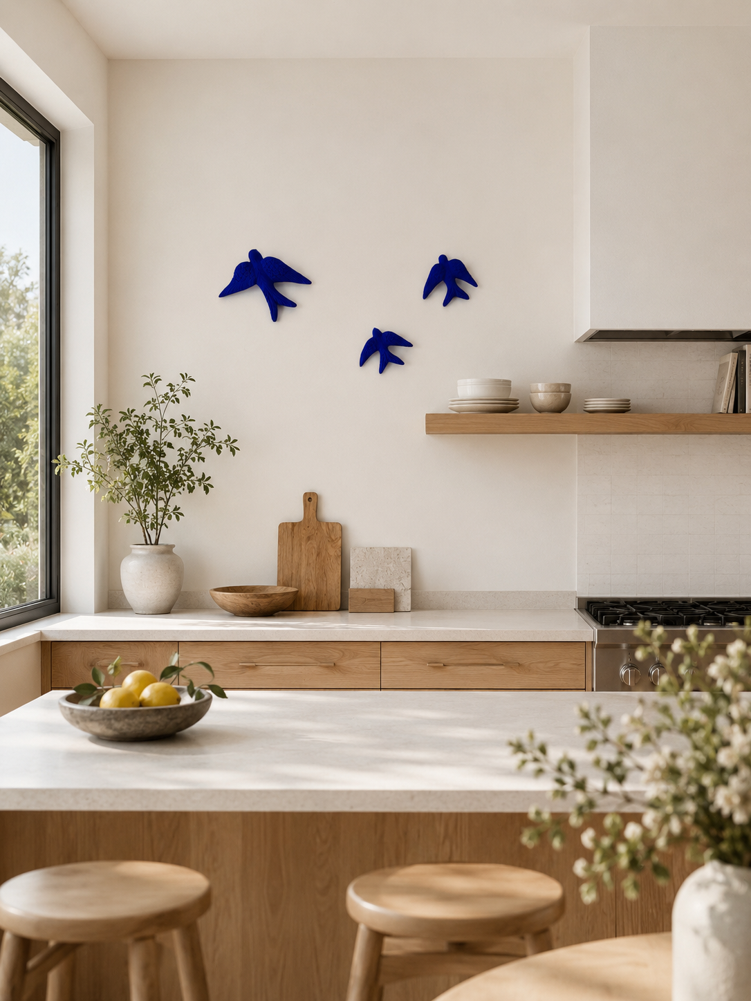 Hirondelles en céramique bleue sur le mur d'une cuisine contemporaine