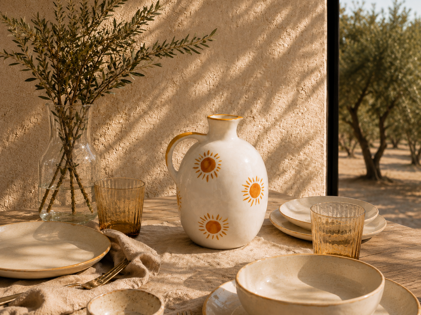 Table avec des assiettes, verres en verre orangés, une carafe en verre, un vase avec des branches et un pichet blanc decoré de soleils, face à une fenêtre avec vue sur un champ d'oliviers.