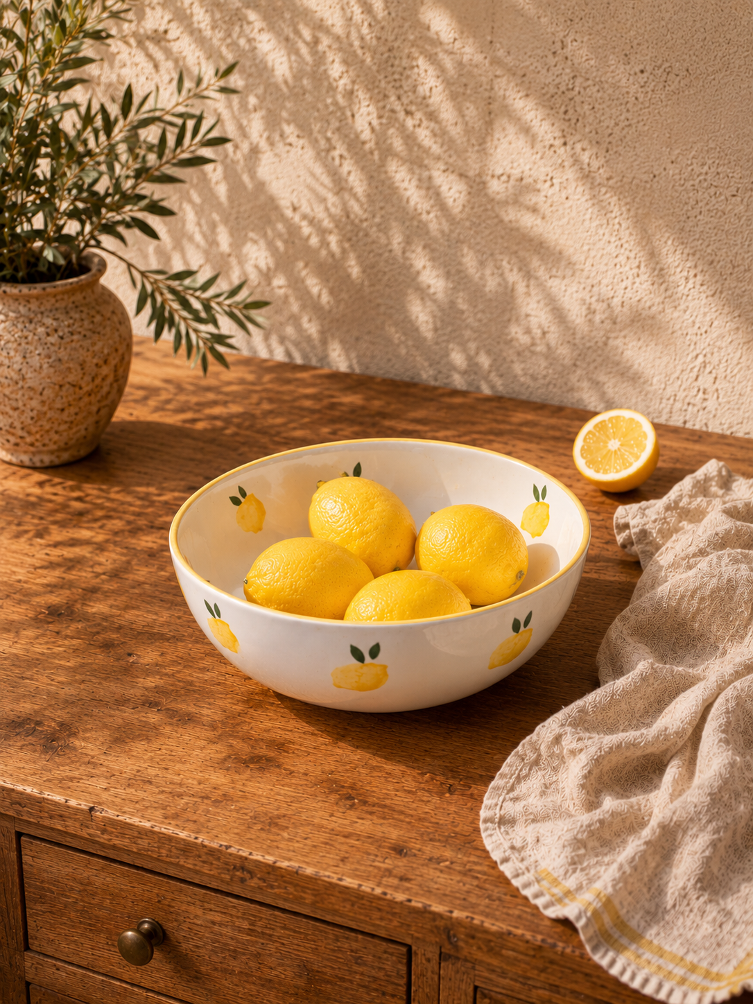 un saladier aux motifs citrons posé sur une table en bois