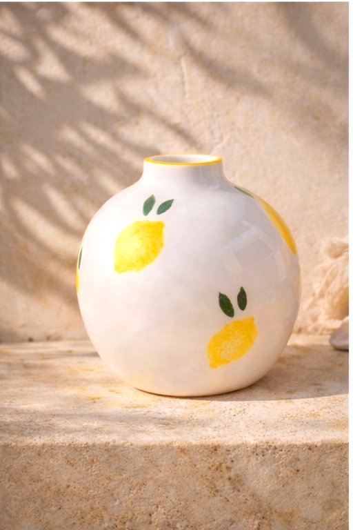 Vase décoratif en céramique blanche style méditerranéen sur fond travertin