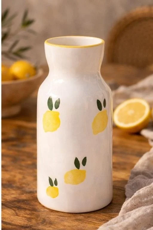 Vase en céramique portugaise décor citron peint à la main sur fond pierre naturelle