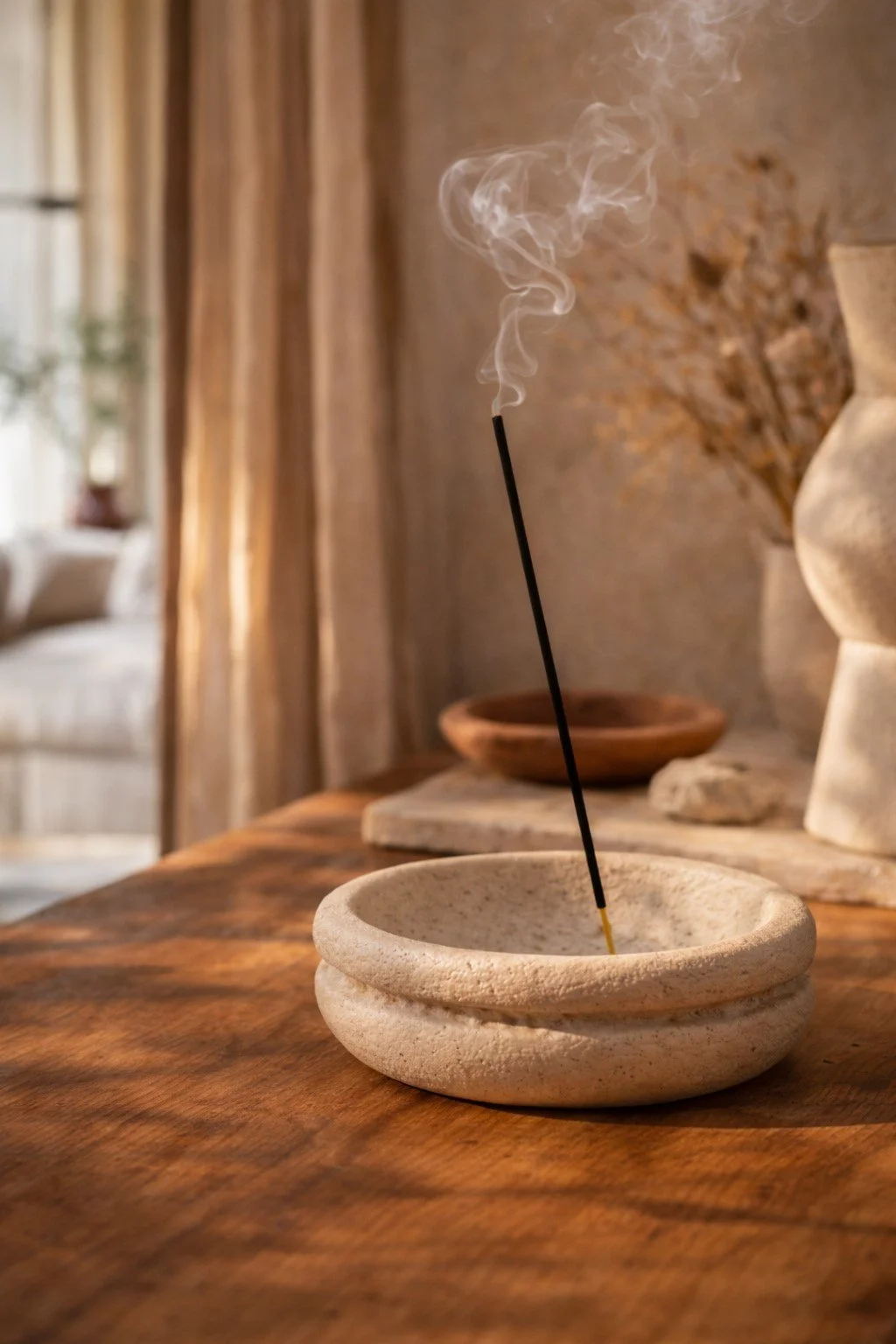 Porte encens en céramique portugaise artisanale, design minimaliste et teinte minérale