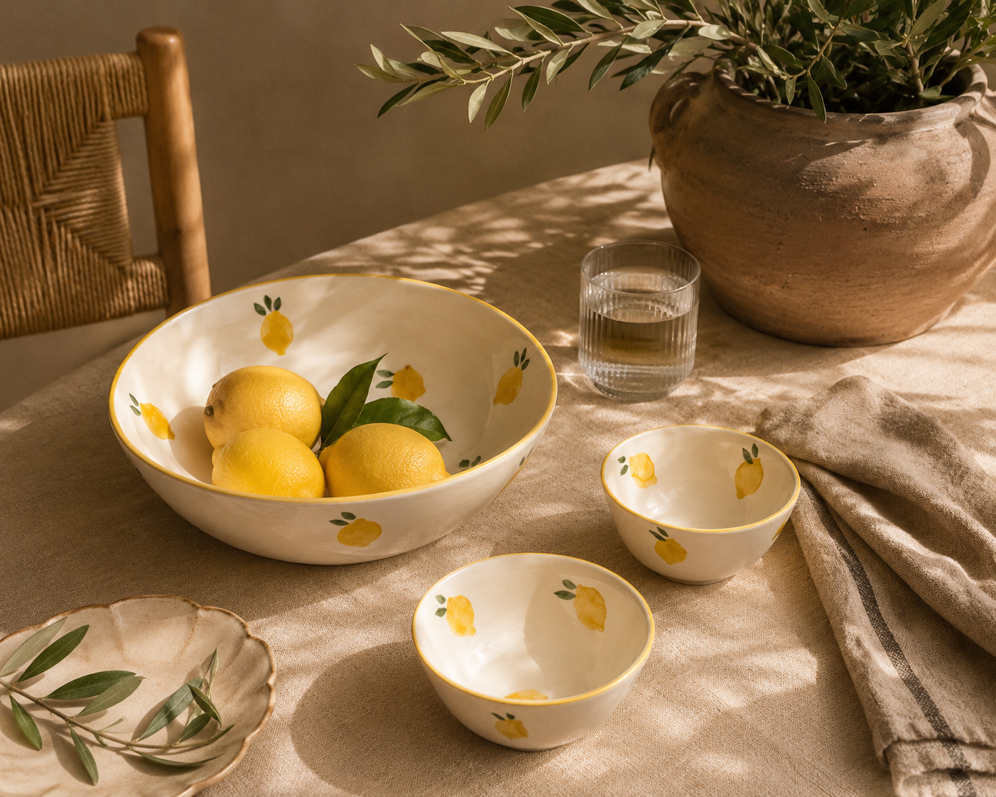 Une table avec un bol de citrons, une carafe d'eau, des petits bols décorés de citrons, et une plante verte dans un grand pot en terre cuite. La lumière naturelle crée des ombres douces.