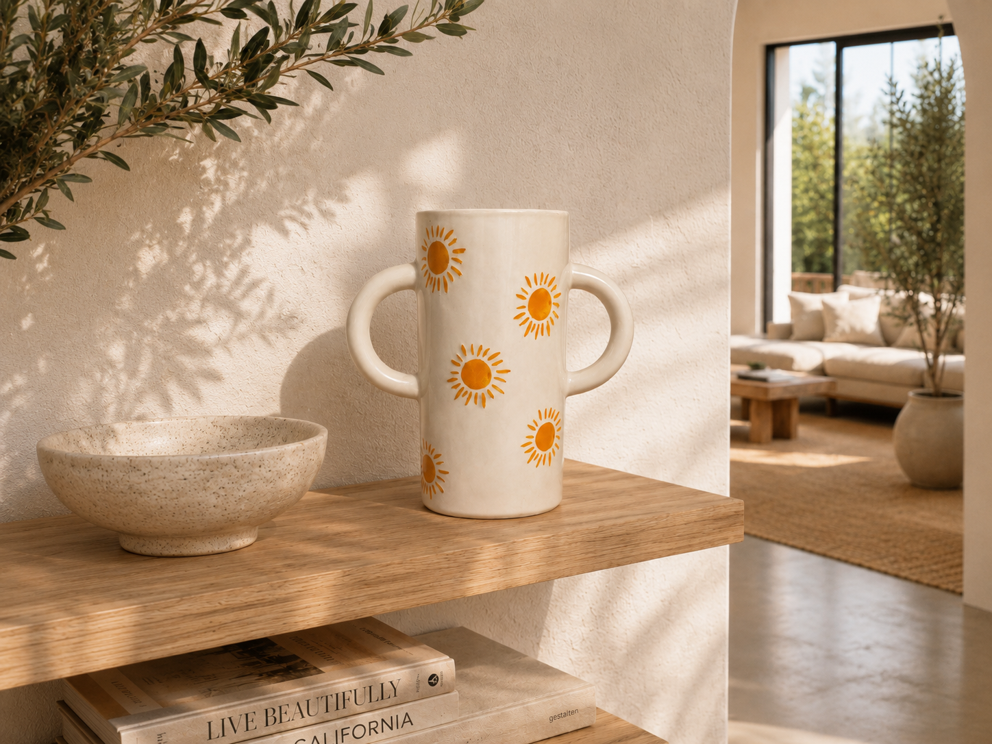 Une étagère en bois avec un bol beige et un grand vase à motif de soleils orange sur un mur clair. En arrière-plan, une pièce lumineuse avec de grandes fenêtres, un canapé beige et des plantes en pot.