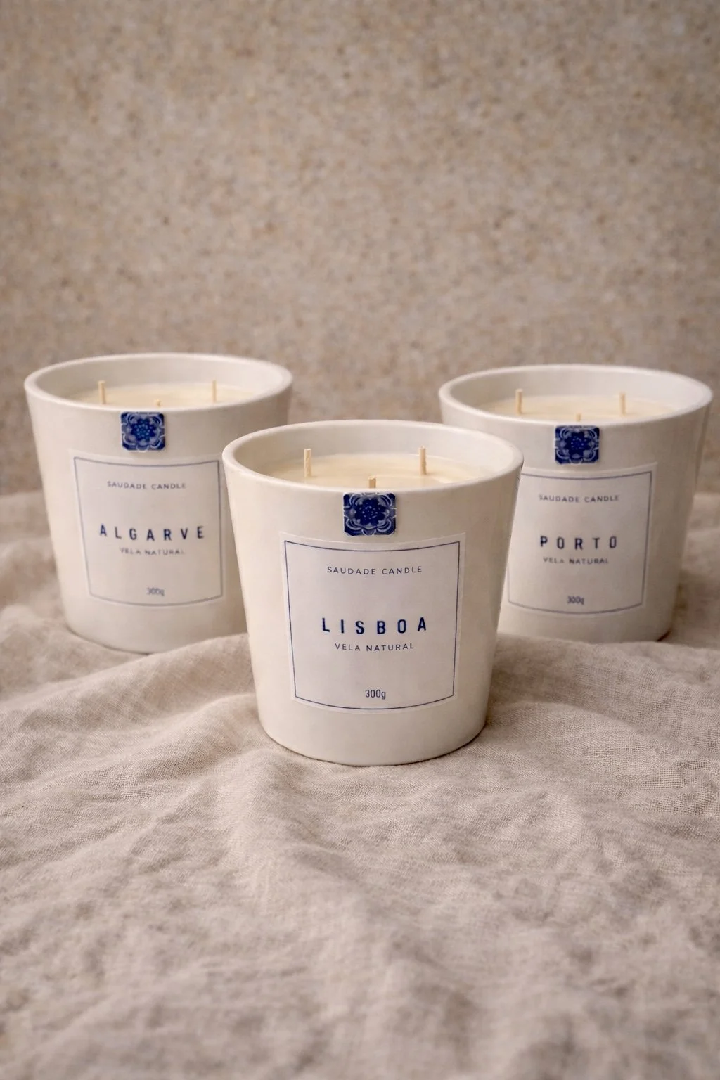 Collection de bougies artisanales en céramique inspirées du Portugal, Porto, Lisbonne et Algarve