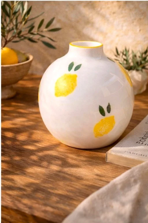 Vase artisanal portugais décor citron posé sur table en bois ambiance chaleureuse