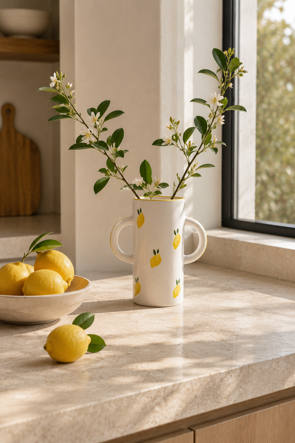 Vase Limão en céramique artisanale portugaise dans une cuisine méditerranéenne lumineuse.