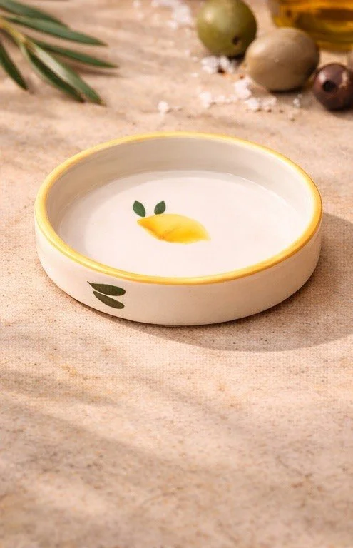 coupelle céramique citron avec fruits sur table bois ambiance méditerranéenne