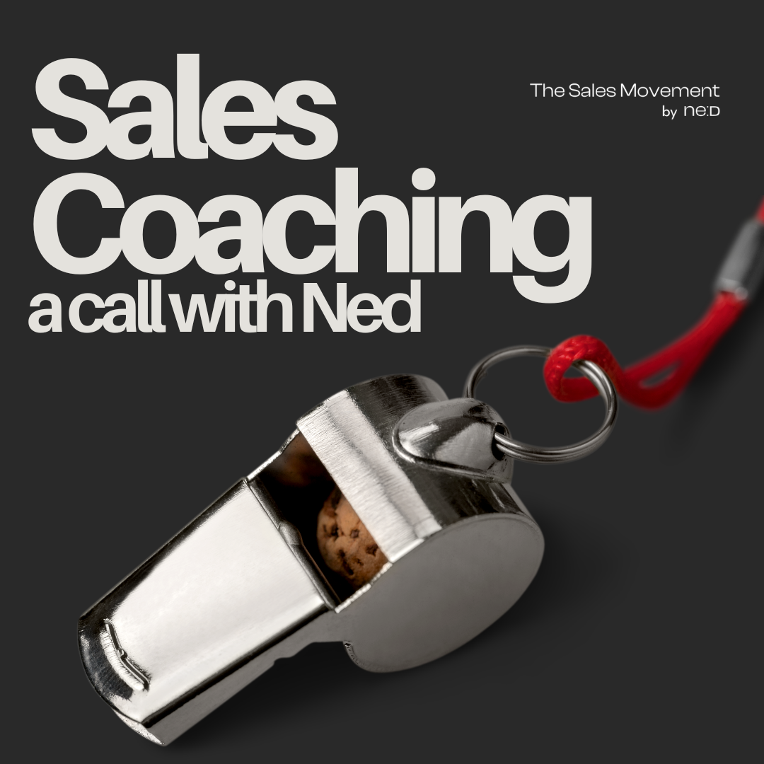 Close-up of a metal whistle attached to a red lanyard with bold white text reading 'Sales Coaching' and smaller text 'The Sales Movement by neD' on a black background.