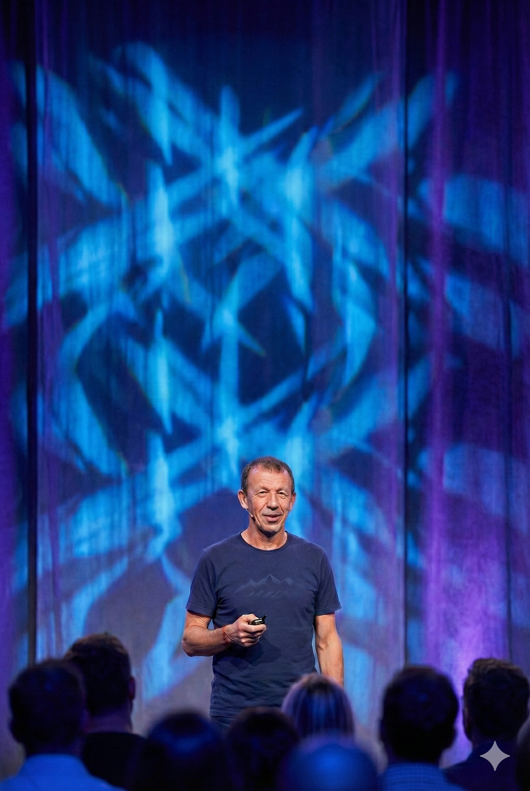 A man is giving a presentation on a stage with a colorful abstract background projection, audience members visible at the bottom.