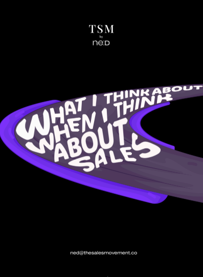 A stylized road with the words 'What I think about when I think about sales' written along it, with the TSM logo and a website URL at the top and bottom.