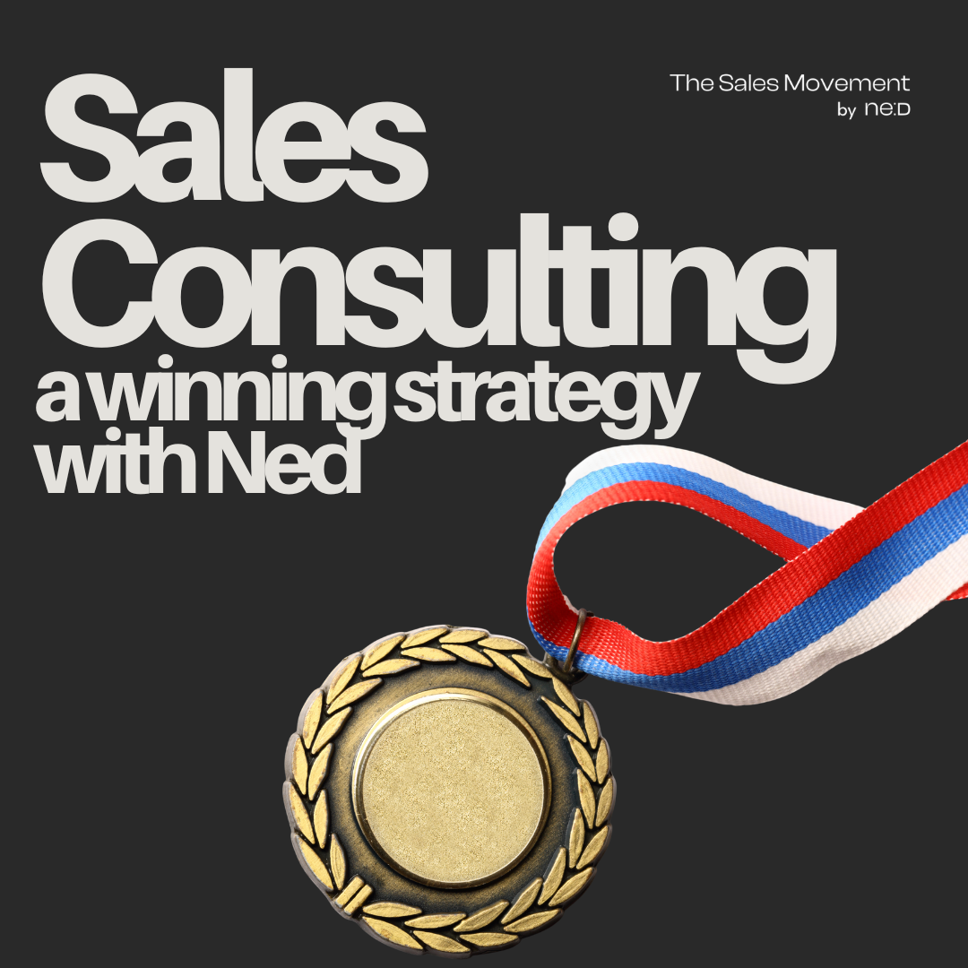 Cover image with the title 'Sales Consulting: a winning strategy with Ned' and a gold medal with a red, white, and blue ribbon.