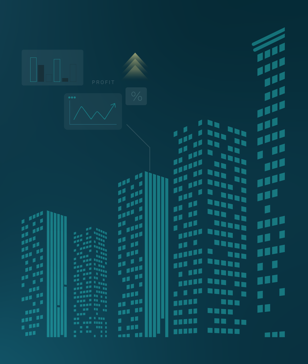 Illustration of a city skyline with tall buildings, financial graphs, and metrics showing profit and upward growth.