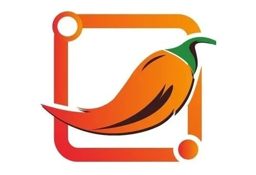 A logo featuring a stylized orange chili pepper with a green stem inside a red and orange square border.