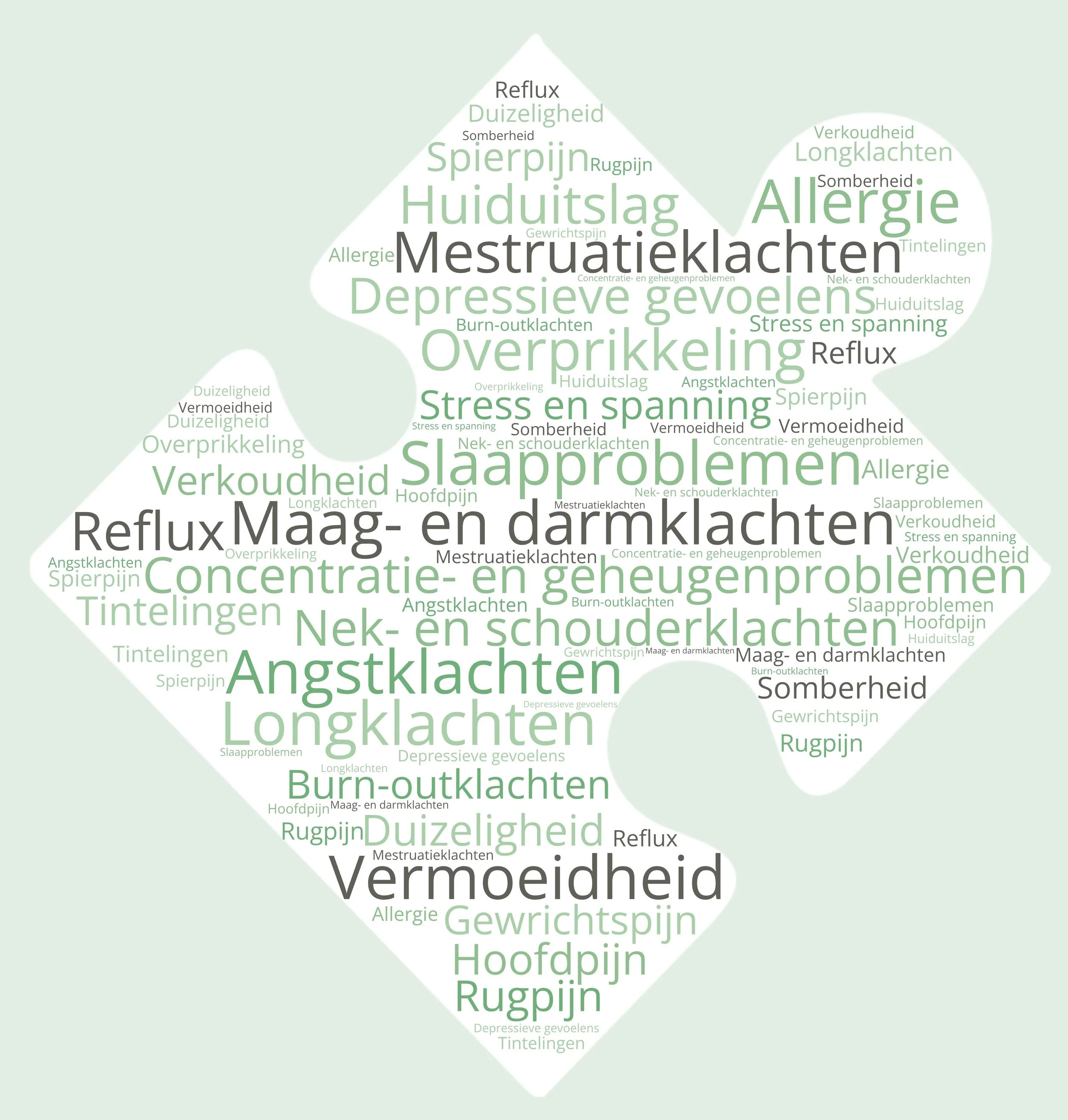 puzzelstuk met woorden stress en spanning menstruatieklachten maag en darmklachten reflux overprikkeling depressieve gevoelens
