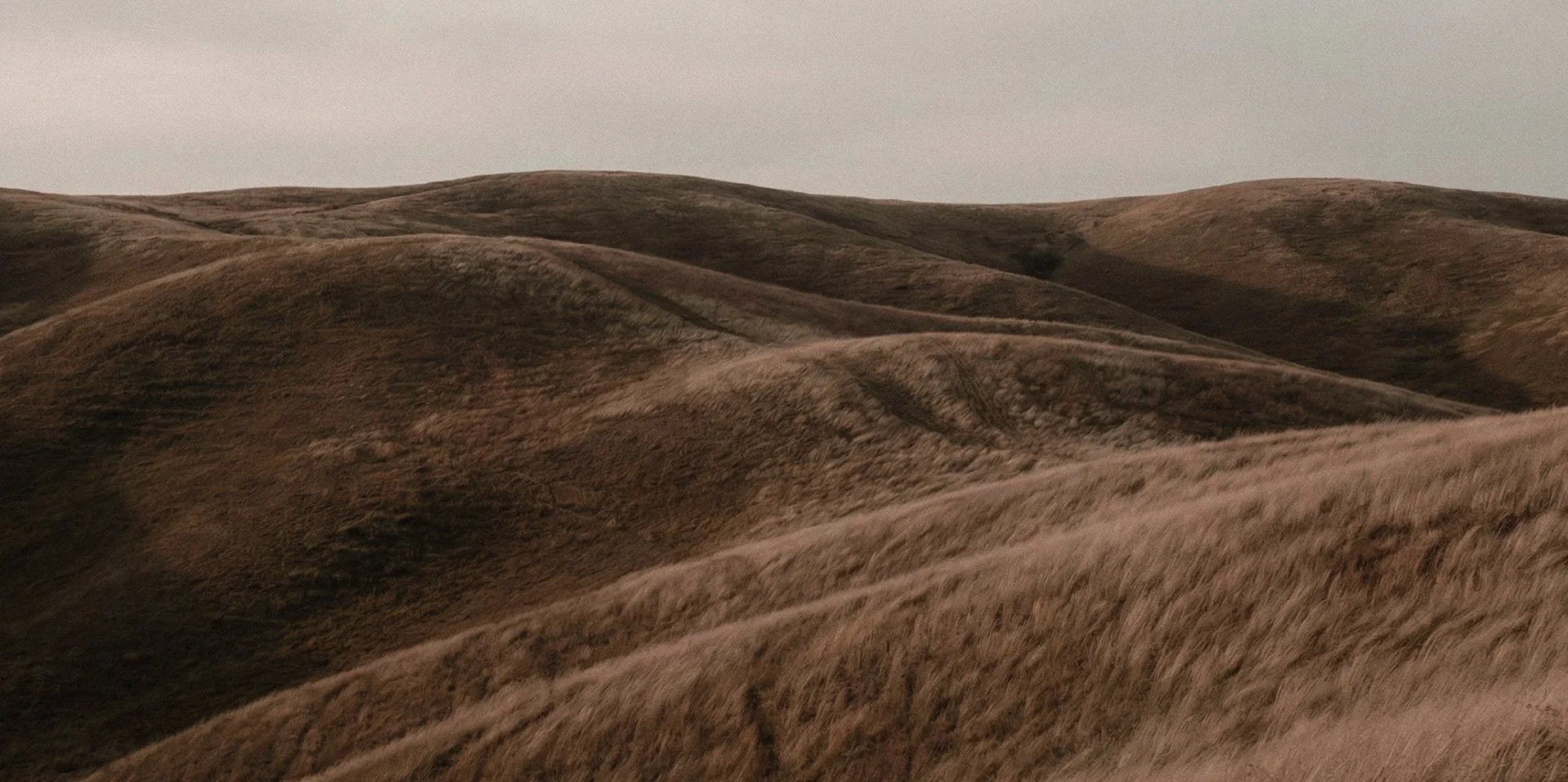Rolling hills covered in dry grass under a cloudy sky.