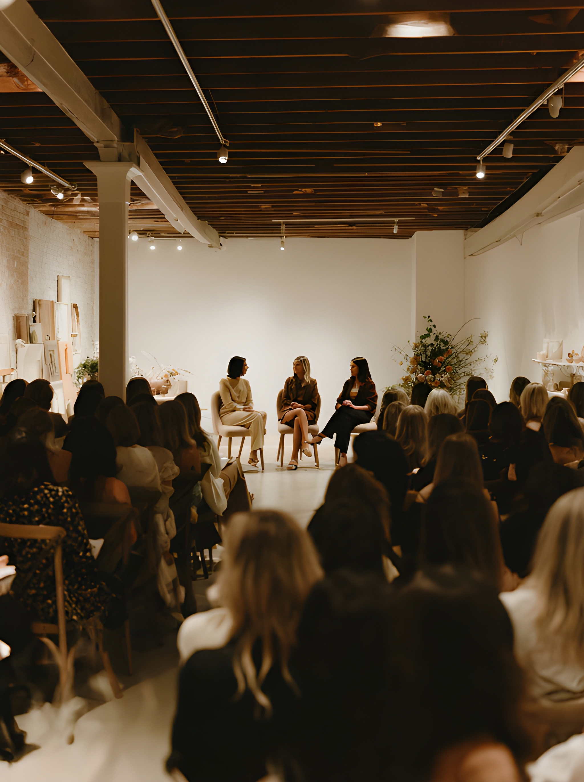 Three women on stage speaking to an audience in a modern, minimalist room with a white back wall and wooden ceiling. The audience is seated in rows, attentively listening.