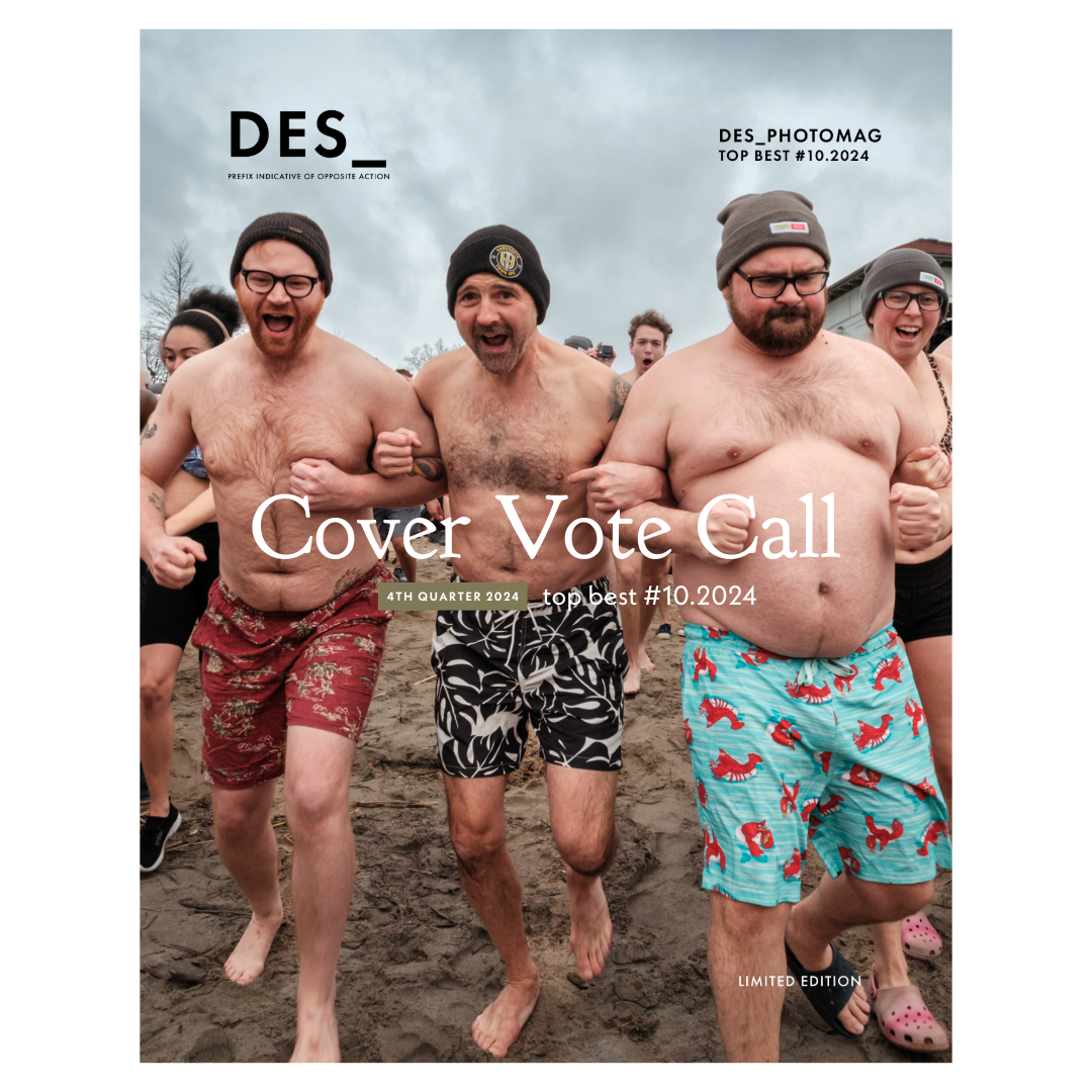 Group of people wearing swimsuits, running on a beach with a magazine cover overlay. Text includes 'DES PHOTOMAG,' 'Cover Vote Call,' and 'Limited Edition, 4th Quarter 2024.'