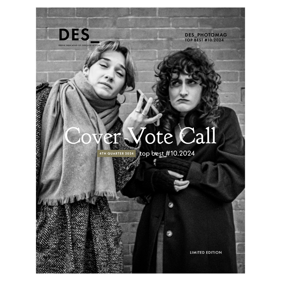 Two people dressed warmly in fall fashion against a brick wall, featuring text about a magazine cover vote call for "DES Photomag, 4th Quarter 2024, top best #10.2024, limited edition." Black and white photo.