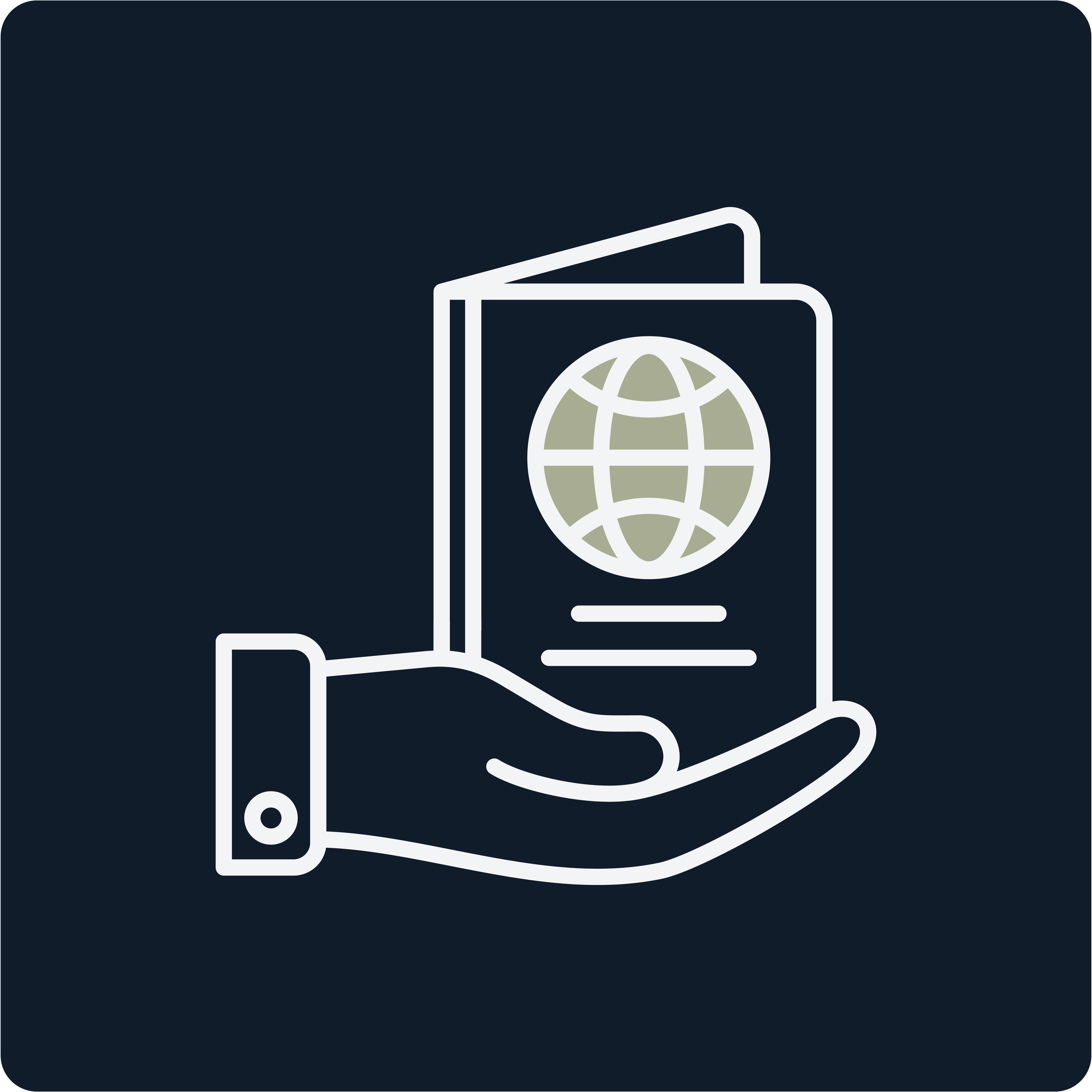 Line drawing of a hand holding a travel document with a globe icon on the cover.