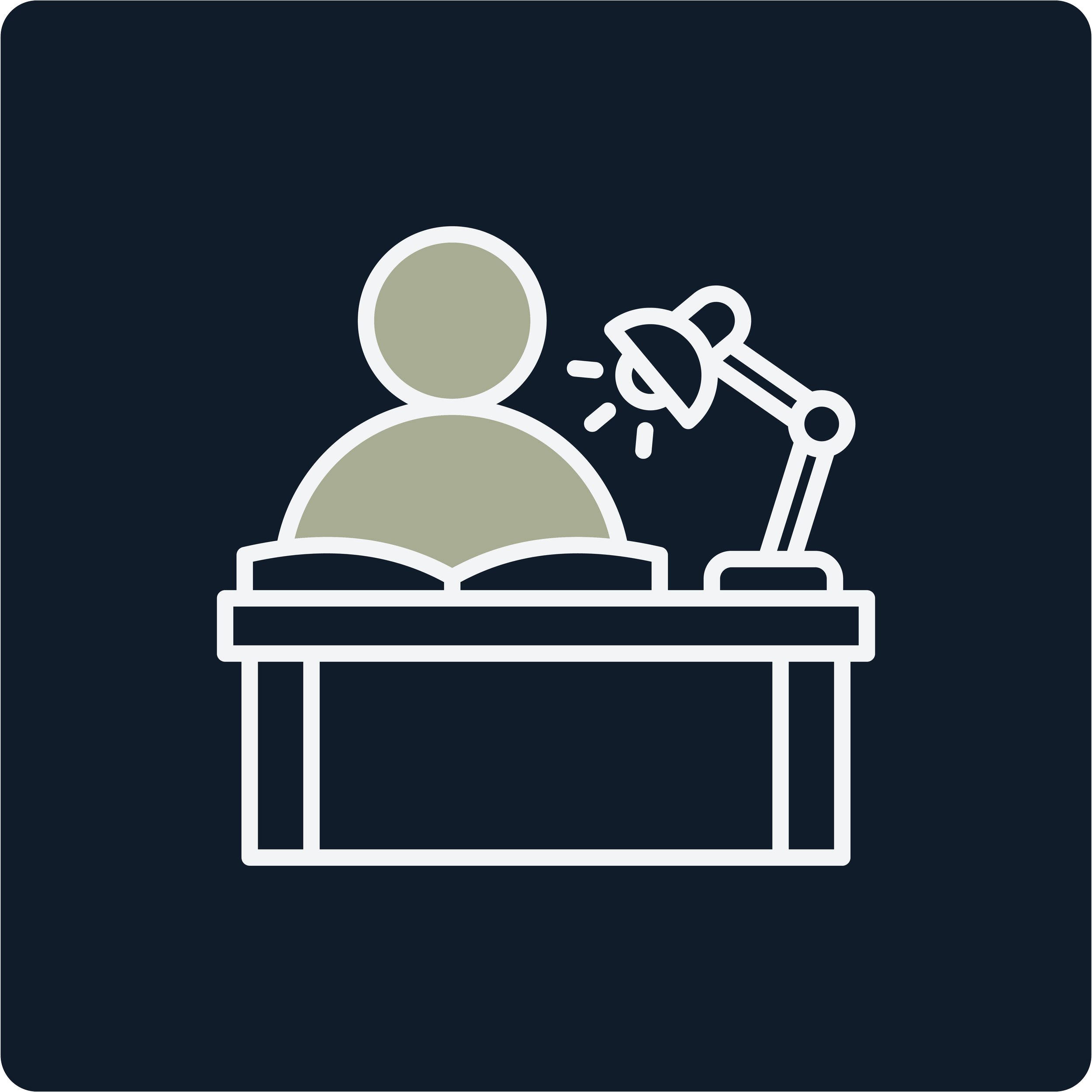 Line drawing of a person reading a book at a desk with a tilted lamp shining light on the book.