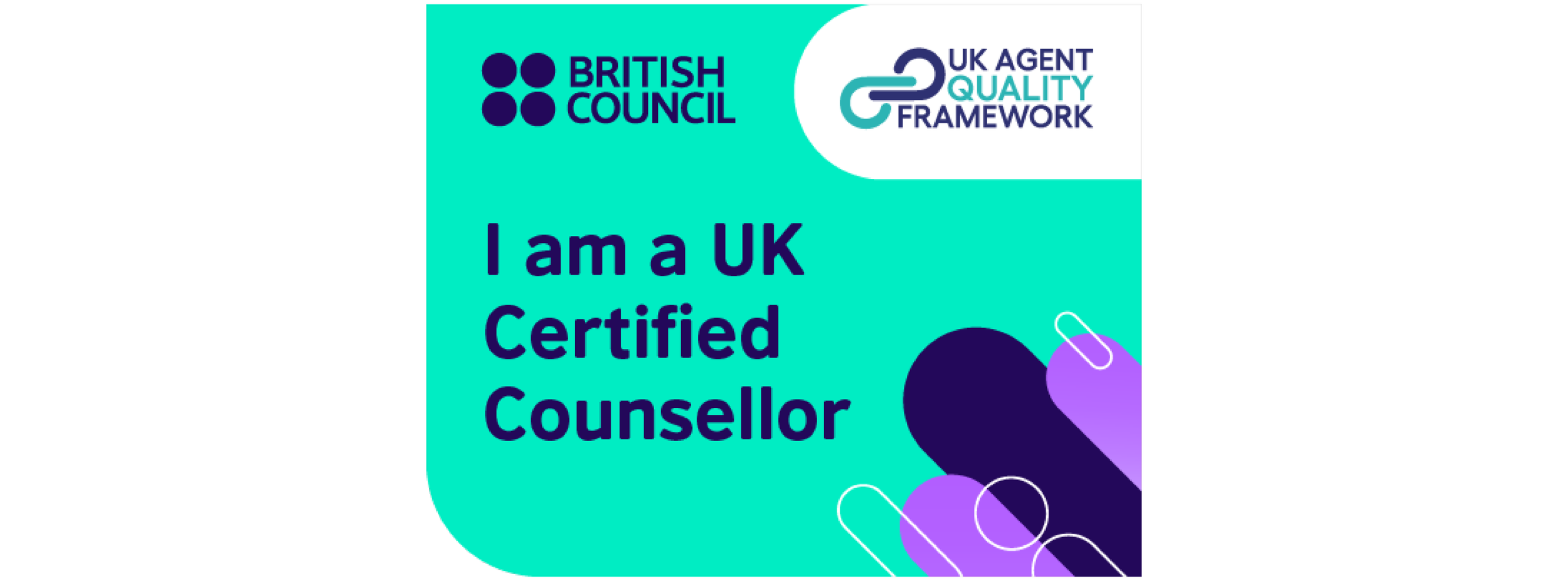A badge showing certification from the British Council and UK Quality Framework stating "I am a UK Certified Counsellor" with colorful abstract design elements.