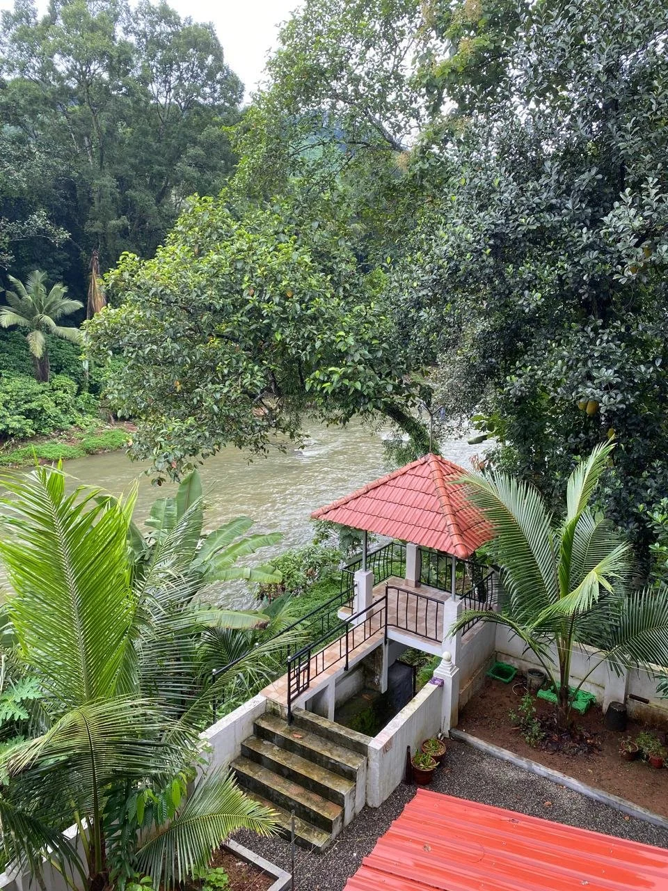 View of a garden with a small pavilion with a red tile roof, surrounded by lush greenery including tall bamboo and other tropical plants, near a water body with trees in the background.